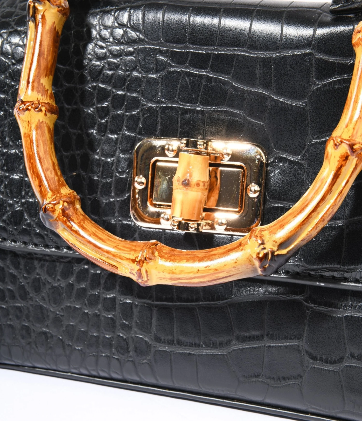 Black Reptile Embossed Bamboo Handle Handbag 2 Black Reptile Embossed Bamboo Handle Handbag - Image 2