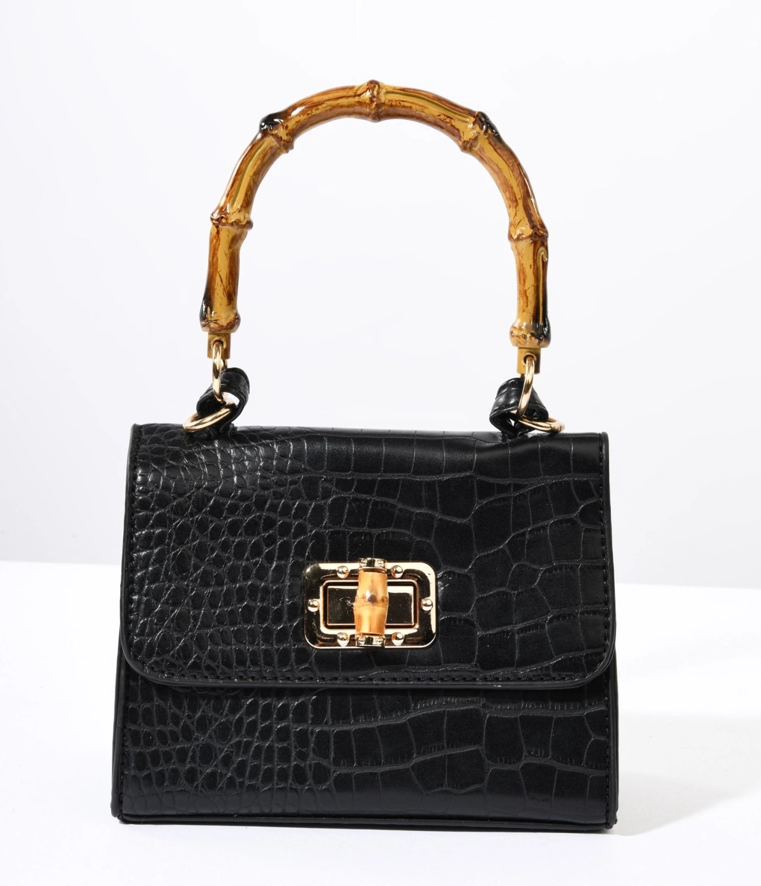 Black Reptile Embossed Bamboo Handle Handbag 1 Black Reptile Embossed Bamboo Handle Handbag