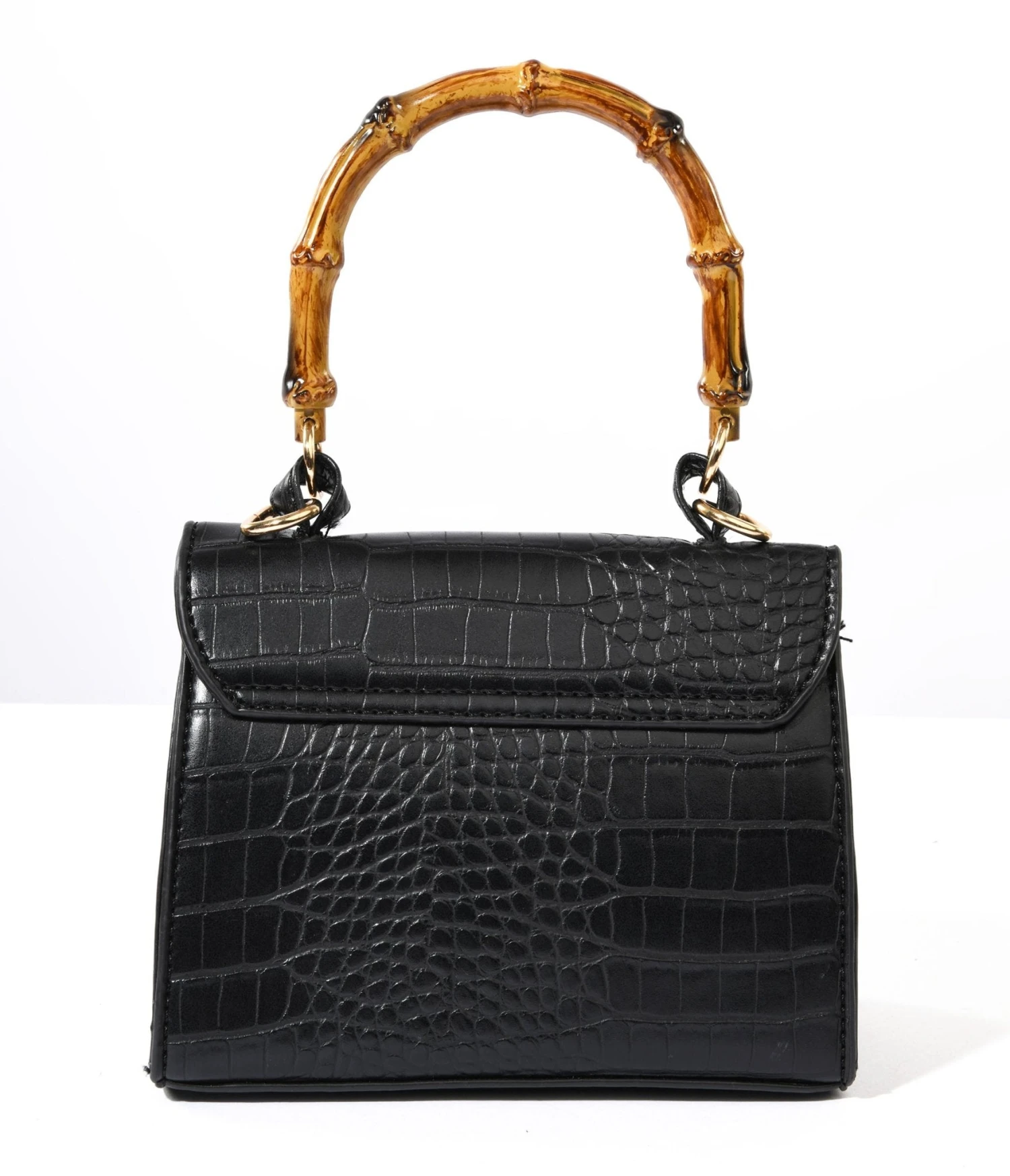 Black Reptile Embossed Bamboo Handle Handbag 3 Black Reptile Embossed Bamboo Handle Handbag - Image 3