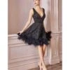 Cinderella Divine Black Rhinestone & Feather Hem Bridesmaid Cocktail Dress