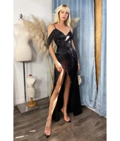 Cinderella Divine Black Satin Draped Cowl Back Bridesmaid Dress