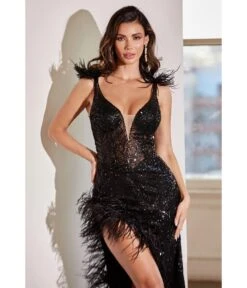 Cinderella Divine Black Sequin & Feather Plunge Evening Gown 5 Cinderella Divine Black Sequin & Feather Plunge Evening Gown -New Dress Store black sequin feather plunge evening gown 587524