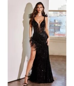 Cinderella Divine Black Sequin & Feather Plunge Evening Gown
