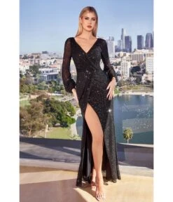 Cinderella Divine Black Sequin Long Sleeve Slit Evening Gown