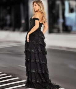 Jovani Black Sequin Scallop Ruffle Tiered Prom Dress