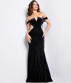 Jovani Black Velvet & Silver Beaded Applique Evening Gown -New Dress Store black velvet silver beaded applique evening gown 621011