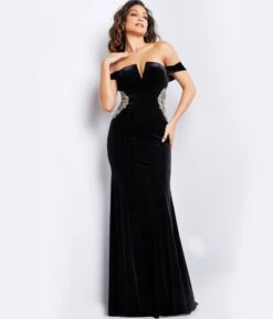 Jovani Black Velvet & Silver Beaded Applique Evening Gown