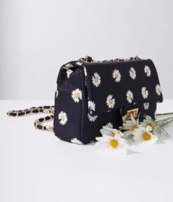 Black & White Daisy Dual Chain Handbag -New Dress Store black white daisy dual chain handbag 119502