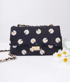 Black & White Daisy Dual Chain Handbag -New Dress Store black white daisy dual chain handbag 642135