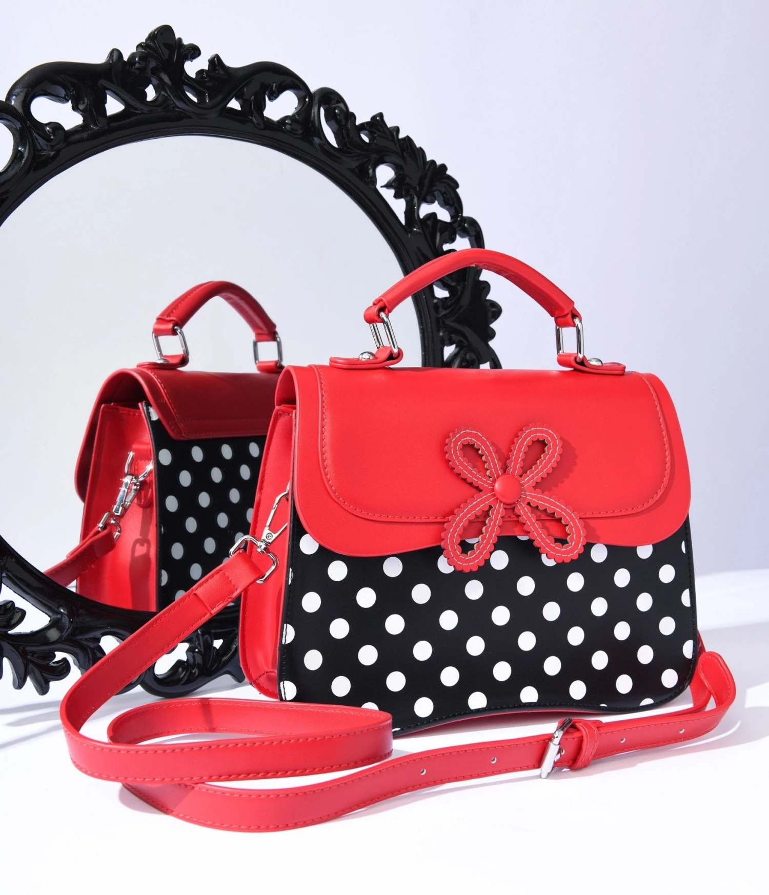 Black & White Dot & Red Accented Leatherette Handbag 1 Black & White Dot & Red Accented Leatherette Handbag
