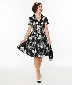 Black & White Floral Swing Shirt Dress