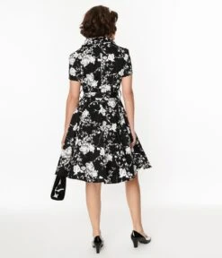 Black & White Floral Swing Shirt Dress -New Dress Store black white floral swing shirt dress 360106