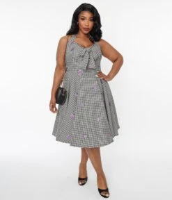Black & White Gingham Grape Embroidered Halter Swing Dress -New Dress Store black white gingham grape embroidered halter swing dress 679156