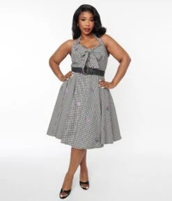Black & White Gingham Grape Embroidered Halter Swing Dress -New Dress Store black white gingham grape embroidered halter swing dress 850776