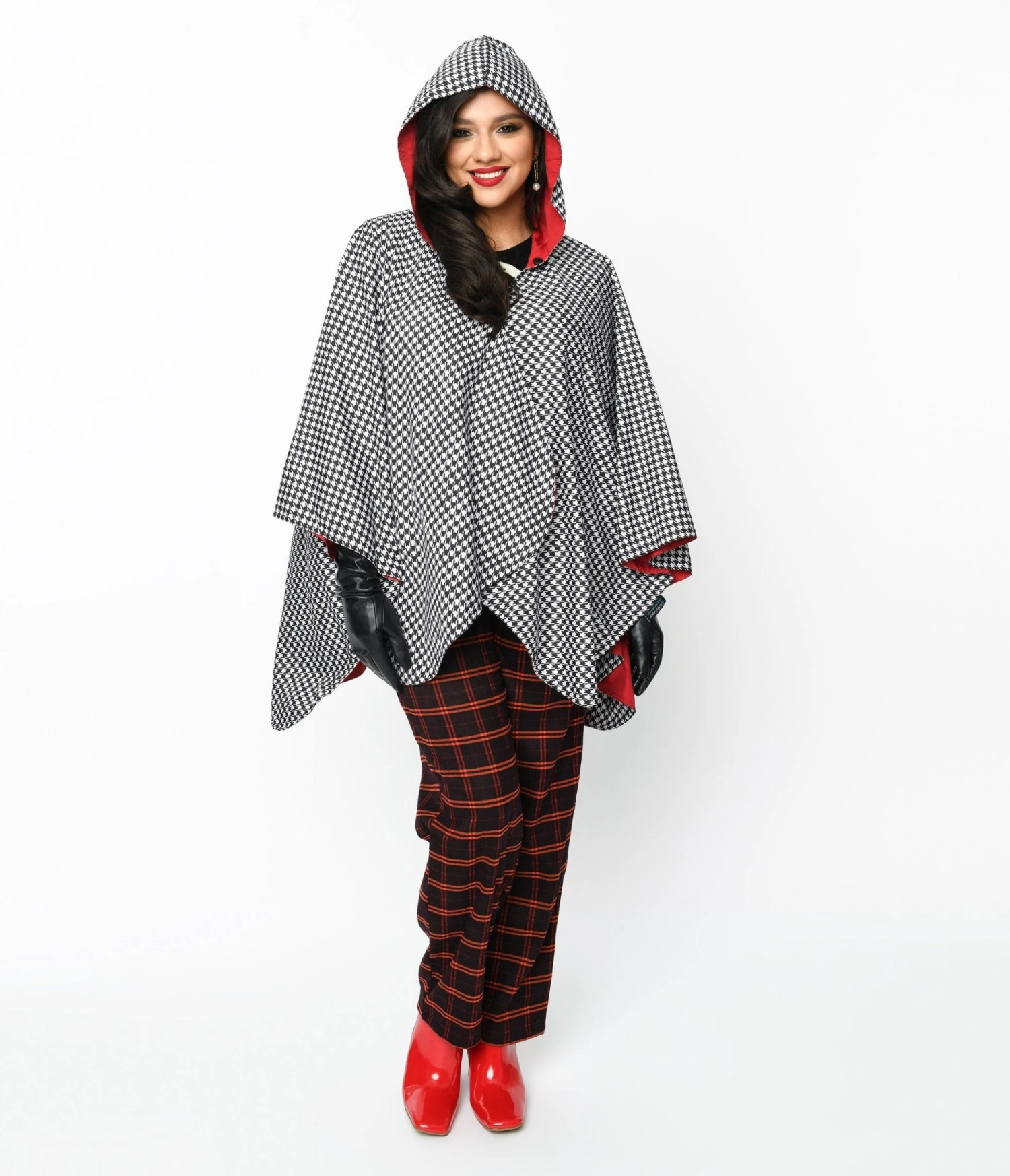 Black & White Houndstooth Hooded Cape Coat 2 Black & White Houndstooth Hooded Cape Coat - Image 2