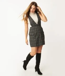 Black & White Plaid Tweed Pinafore Flare Dress -New Dress Store black white plaid tweed pinafore flare dress 123259