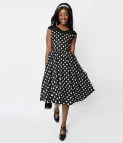 Black & White Polka Dot Off The Shoulder Swing Dress -New Dress Store black white polka dot off the shoulder swing dress 496142