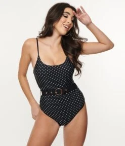 Black & White Polka Dots Belt Swimsuit