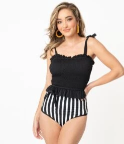 Black & White Striped High Waisted Reversible Swim Bottoms