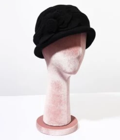 Black Wool Flower Petal Cloche