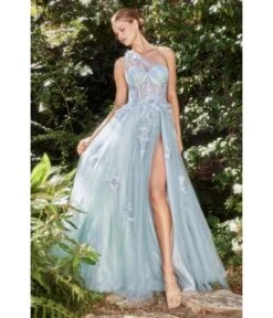Cinderella Divine Blue Floral Applique One Shoulder Leila Evening Gown