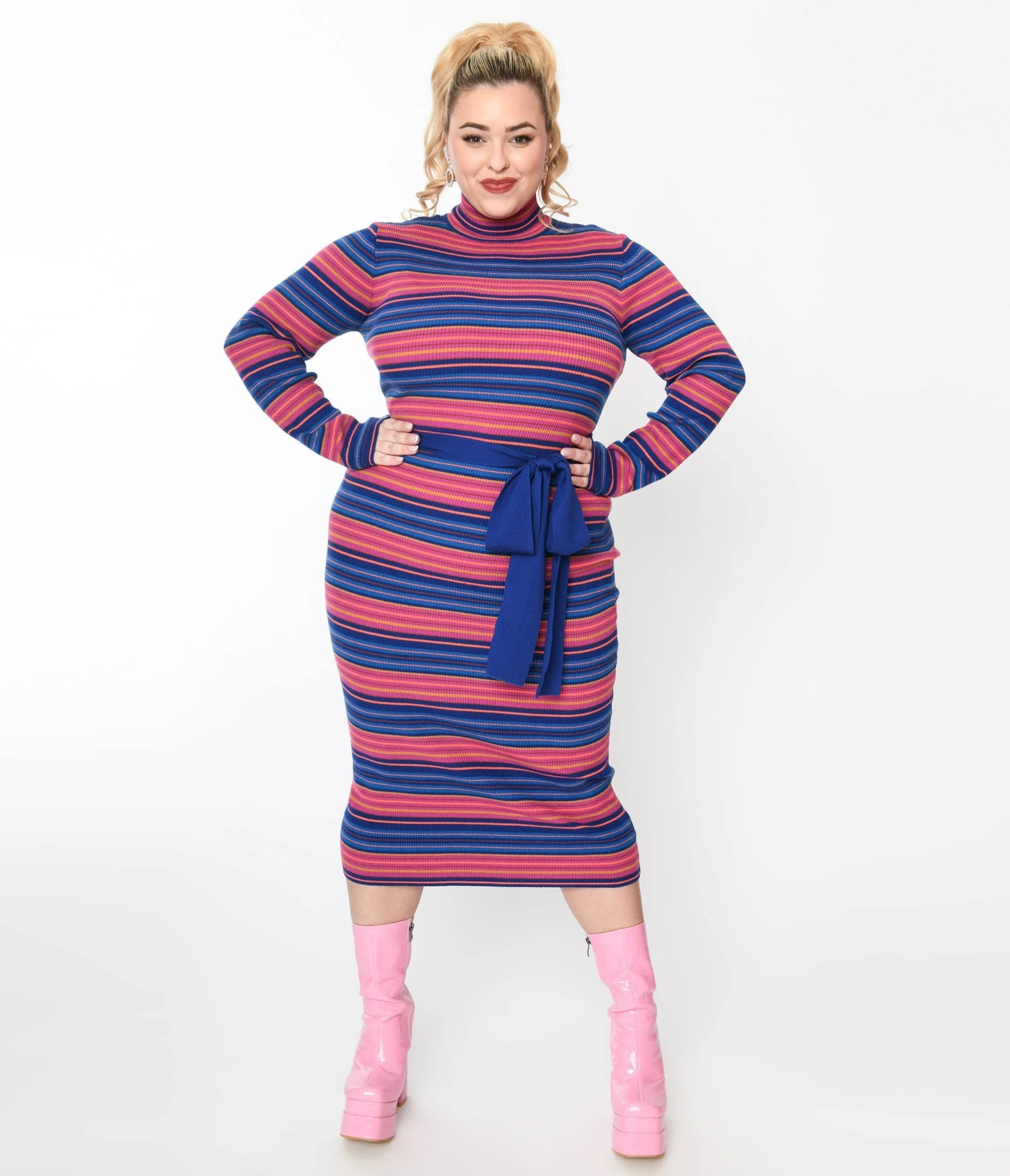 Blue & Fuchsia Striped Midi Bodycon Dress 2 Blue & Fuchsia Striped Midi Bodycon Dress - Image 2