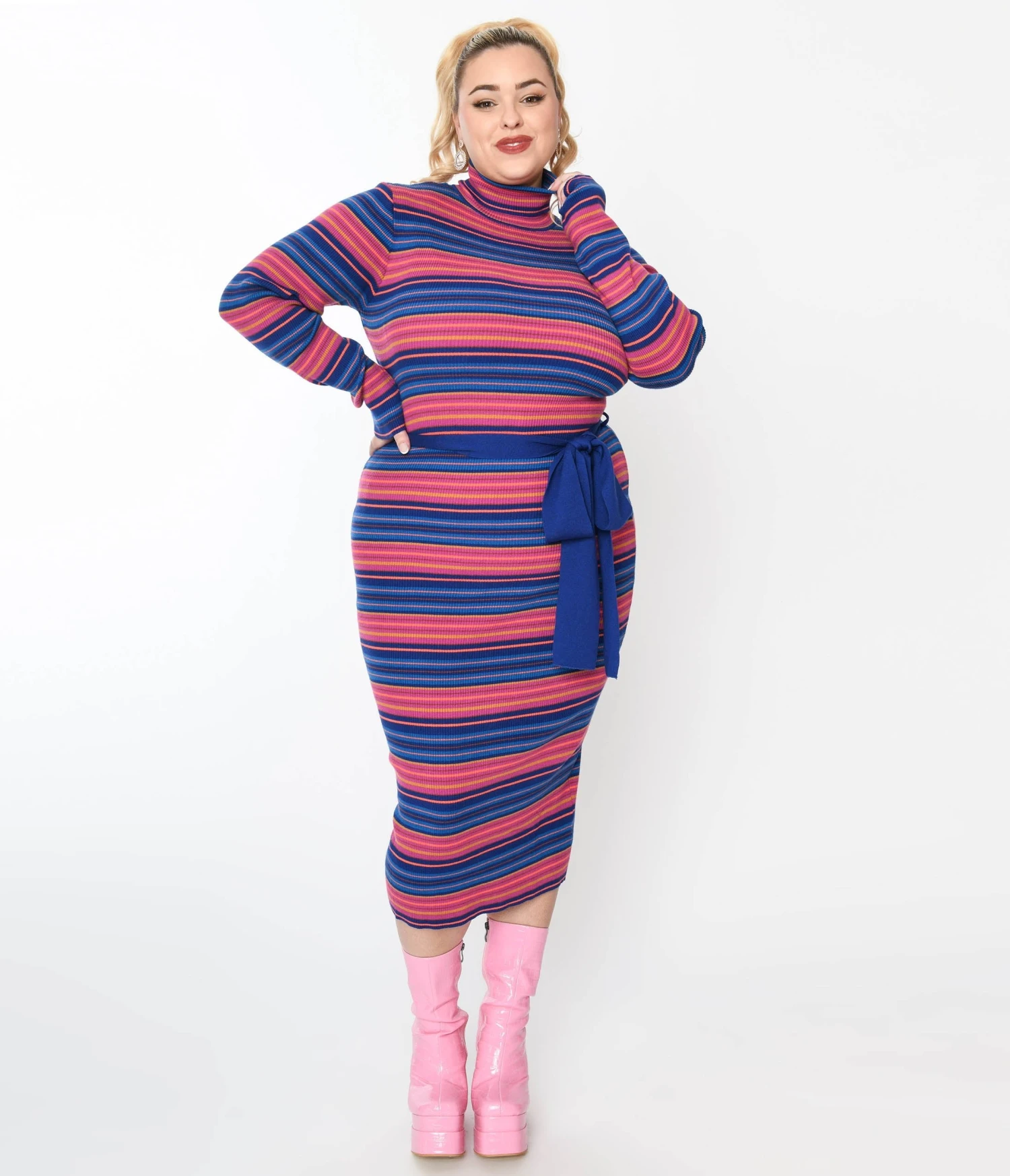 Blue & Fuchsia Striped Midi Bodycon Dress 1 Blue & Fuchsia Striped Midi Bodycon Dress