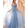 Cinderella Divine Blue Glitter Tulle Off The Shoulder Applique Slit Gown