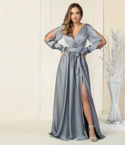 Blue Grey Long Sleeve Prom Goddess Gown