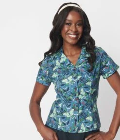 Blue Moth Print Collared Top -New Dress Store blue moth print collared top 423272