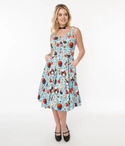 Blue Santa Kitty Print Swing Dress
