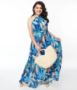 Blue Tropical Pleated Maxi Dress -New Dress Store blue tropical pleated maxi dress 237727