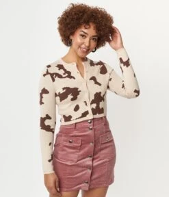 Brown Cow Print Crop Cardigan -New Dress Store brown cow print crop cardigan 701030