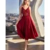 Cinderella Divine Burgundy Beaded Chiffon Tea Length Dress