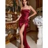 Cinderella Divine Burgundy Draped Satin Slit Bridesmaid Dress