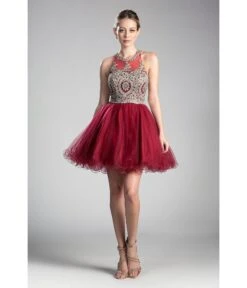 Cinderella Divine Burgundy & Gold Beaded Lace Ballerina Homecoming Dress