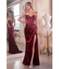 Cinderella Divine Burgundy Satin Corset Slit Evening Gown