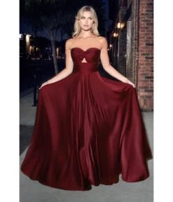 Cinderella Divine Burgundy Satin Strapless Keyhole Evening Gown