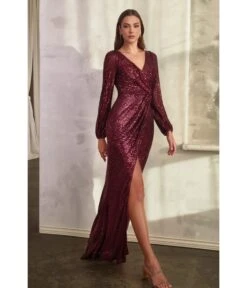 Cinderella Divine Burgundy Sequin Long Sleeve Slit Evening Gown