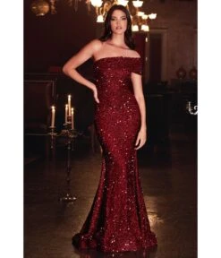 Cinderella Divine Burgundy Sequin One Shoulder Mermaid Prom Gown