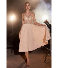 Cinderella Divine Champagne Beaded Chiffon Tea Length Dress