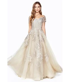 Cinderella Divine Champagne Floral A Line Bridal Ball Gown