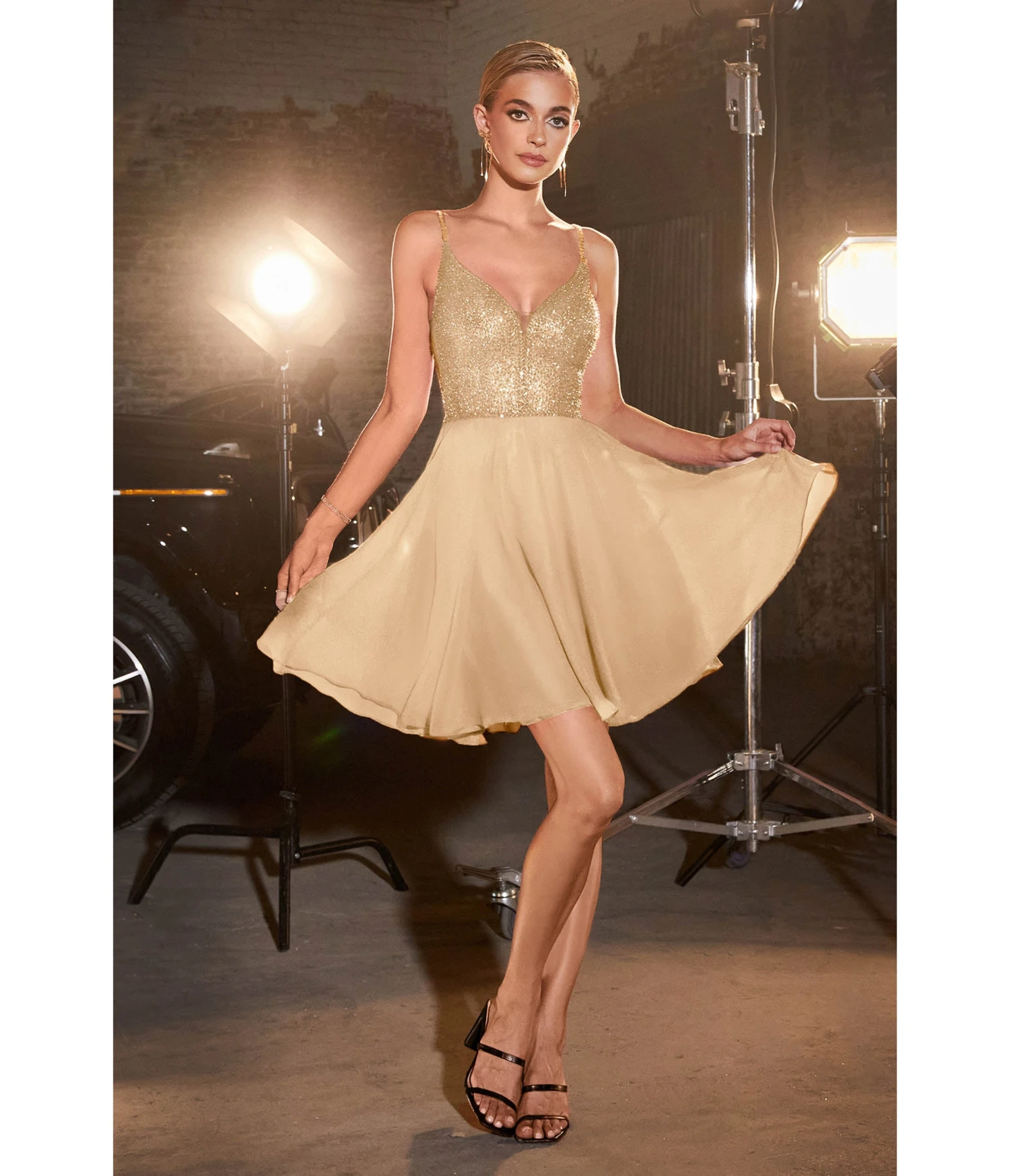 Cinderella Divine Champagne Glitter Chiffon Cocktail Dress 1 Cinderella Divine Champagne Glitter Chiffon Cocktail Dress