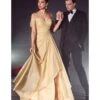Cinderella Divine Champagne Glitter Draped Off The Shoulder Prom Dress