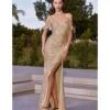 Cinderella Divine Champagne Gold Sequin Cold Shoulder Bridesmaid Gown