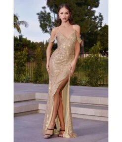 Cinderella Divine Champagne Gold Sequin Cold Shoulder Bridesmaid Gown