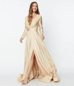 Champagne Long Sleeve Sophisticated Goddess Gown -New Dress Store champagne long sleeve sophisticated goddess gown 472285