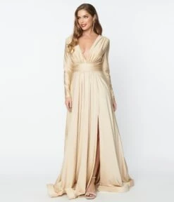 Champagne Long Sleeve Sophisticated Goddess Gown -New Dress Store champagne long sleeve sophisticated goddess gown 780360