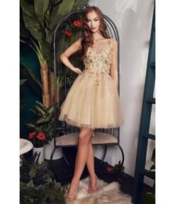Cinderella Divine Champagne Rhinestone 3D Floral & Tulle Flare Homecoming Dress
