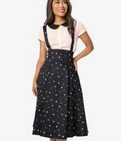 Collectif 1950s Black & Multicolor Stars Alexa Suspender Swing Skirt -New Dress Store collectif 1950s black multicolor stars alexa suspender swing skirt 920369